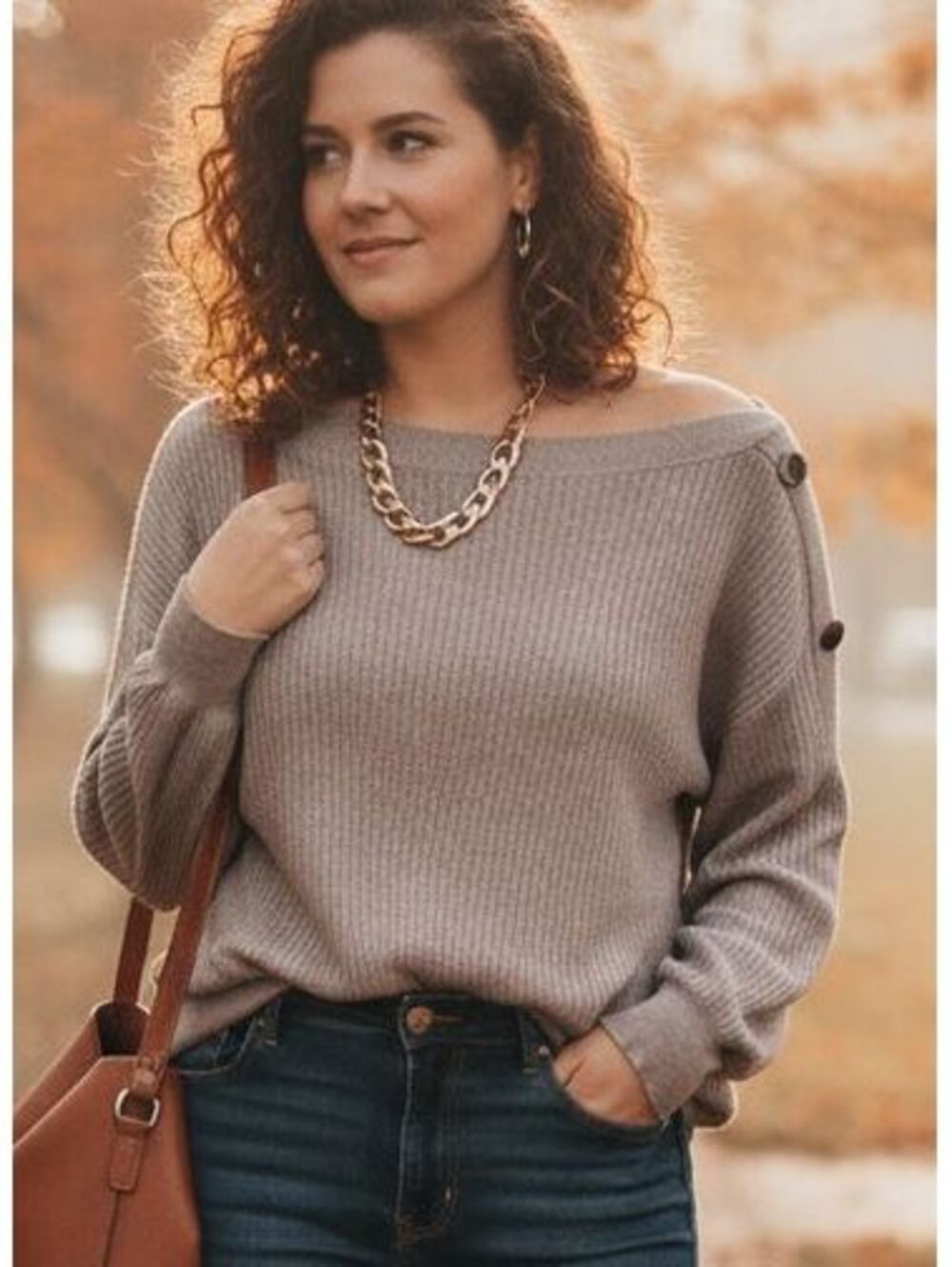 Ami Montreal (MTL 1980) Brown Ribbed Boat Neck Sweater Size 1X Button Sleeve